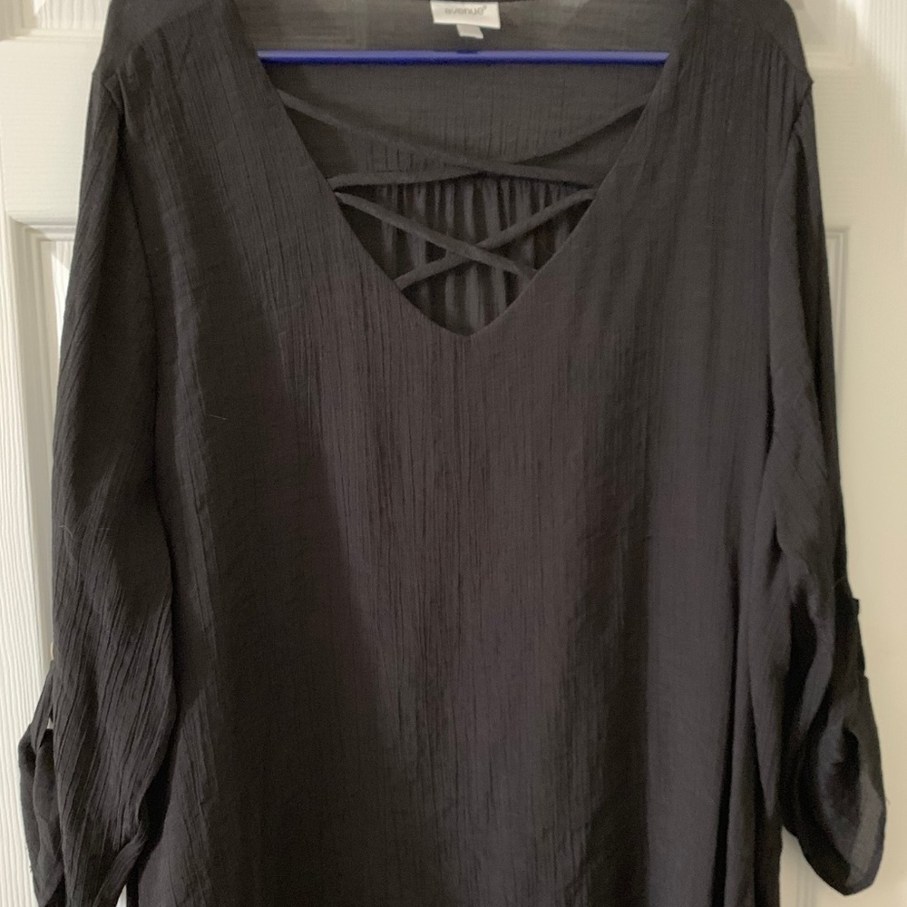 Basic black blouse with tabbed sleeves
